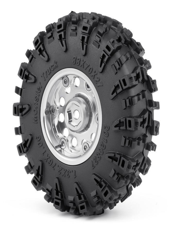 JGGZONE 4PCS 1.3" Beadlock Wheel Tires Set Aluminum 1.3inch Beadlock Wheel Hub Wheel Rim ＆ 70mm/2.76inch Rubber Crawler Tires for 1/18 1/24 RC Crawler Car SCX24 TRX4M Upgrade Parts (Bright Silver) - Image 3